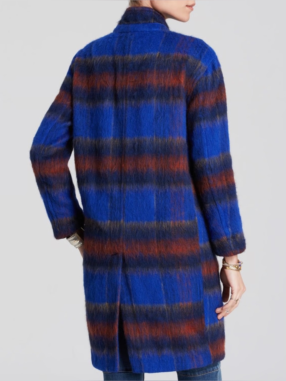 Free People 100% Merino Wool Plaid Fuzzy Long Coat Blue Rust XS